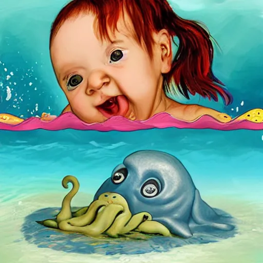 Image similar to cute baby cthulu splashing in the ocean