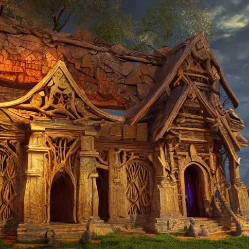 Image similar to Photorealistic magic elven temple made of rustic woodwork. Hyperdetailed photorealism, 108 megapixels, amazing depth, glowing rich colors, powerful imagery, psychedelic Overtones, 3D finalrender, 3d shading, artstation concept art