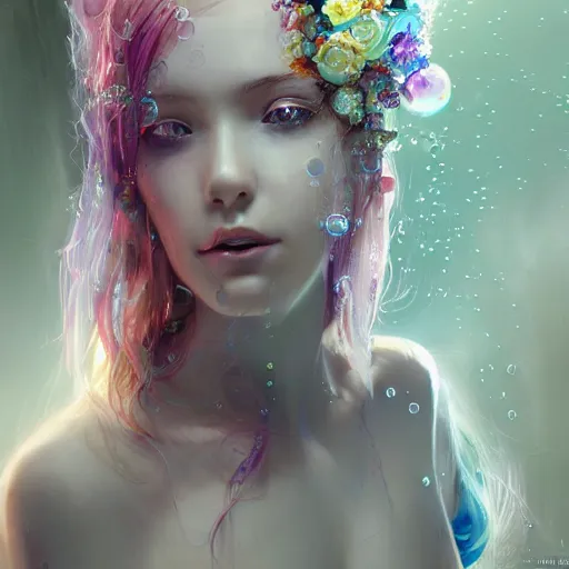 Prompt: a painting of a woman with bubbles in her hair, cyberpunk art by yoshitaka amano, cgsociety, fantasy art, detailed painting, made of flowers, fantasy