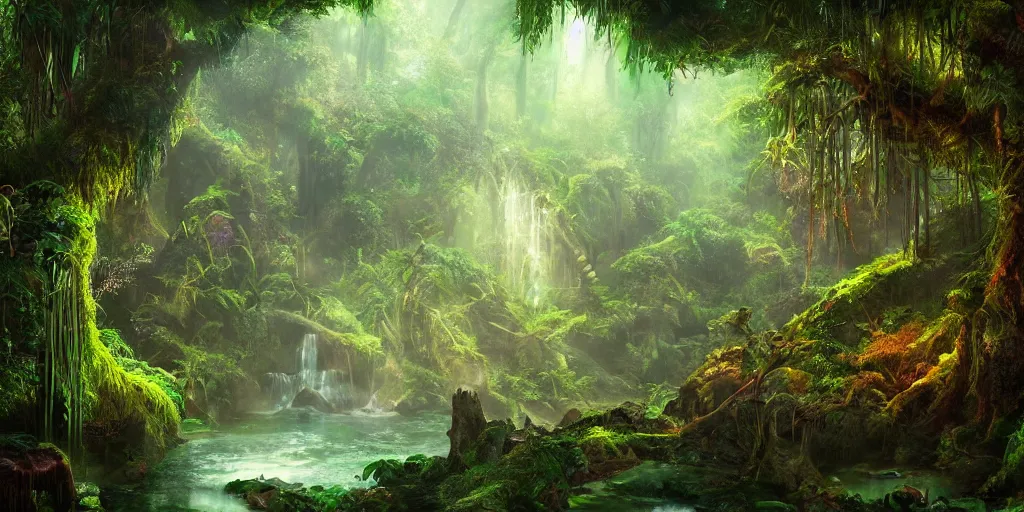 Image similar to beautiful fantasy rainforest, saturated, detailed lighting, high quality, sharp focus, intricate, digital painting, artstation, 4k
