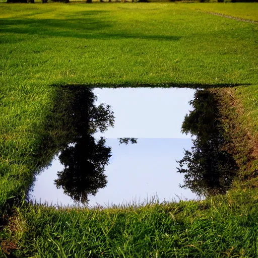 Prompt: A reflective puddle in an orchard, in the style of tomas sanchez