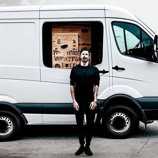 Image similar to a frowning creative director in front of a sprinter van