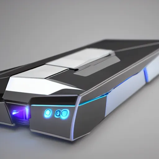 Image similar to futuristic game console, fan concept, 3 d render, blender, unreal engine, shiny, reflective