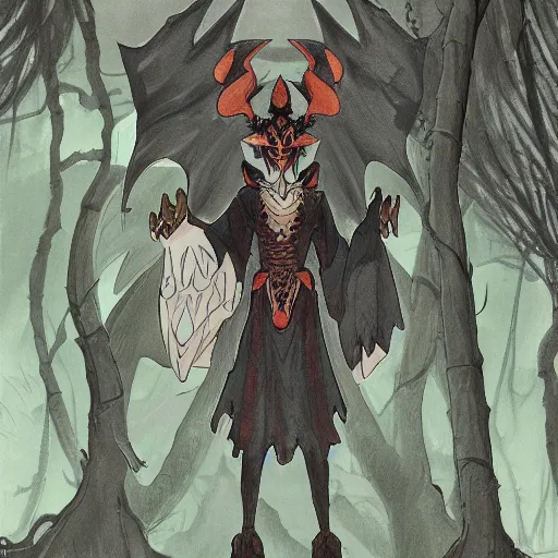 Image similar to concept art painting of an anthropomorphic dragon king with black robes, a long neck, and skull mask, in a deep forest, cel shaded, in the style of makoto shinkai and james gurney and studio ghibli and moebius