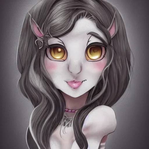 Image similar to headshot of young female furry, D&D, cute, fantasy, intricate, long hair, dark grey skin, mouse face, mouse nose, dark skin, mouse head, mouse ears, black hair, elegant, highly detailed, cartoony, artstation, concept art, smooth, sharp focus, illustration, art by Diives