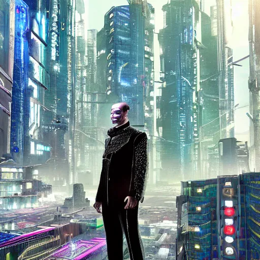 Prompt: a cyberpunk man in a velvet suit in standing in a futuristic city the year is 2052