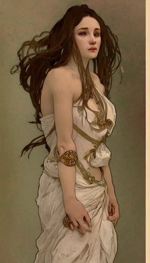 Prompt: elegant, skinny cute girl portrait with open chest white ancient clothes by Alphonse Mucha, and Octane Render