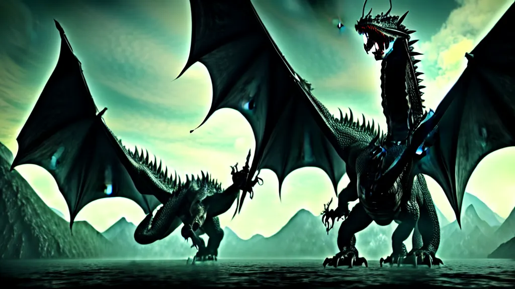 Prompt: Ancalagon the black, the biggest dragon that ever lived, over towering the huge mountains of Thangorodrim, only one dragon, epic, cinematic lighting, Unreal Engine 5, film key art, Bloom, dramatic lighting, cg artist