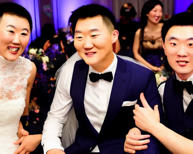 Image similar to cookie monster marrying justin sun, professional gay wedding photography