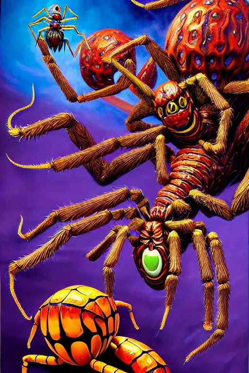 Prompt: a hyperrealistic painting of an epic boss fight against an ornate supreme evil arachnid overlord, cinematic horror by jimmy alonzo, the art of skinner, chris cunningham, lisa frank, richard corben, highly detailed, vivid color,