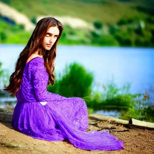 Prompt: elegant princess sitting by a lake, purple eyes, realistic, 8 k, award winning photography