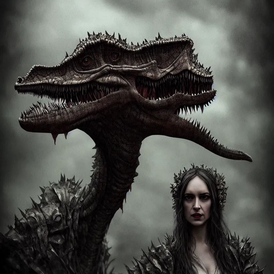 Prompt: epic professional digital art of 🦕👰♀, gloomy, terror, detailed, foreboding, leesha hannigan, wayne haag, reyna rochin, ignacio fernandez rios, mark ryden, iris van herpen, best on artstation, cgsociety, wlop, pixiv, stunning, gorgeous, much wow, cinematic, masterpiece