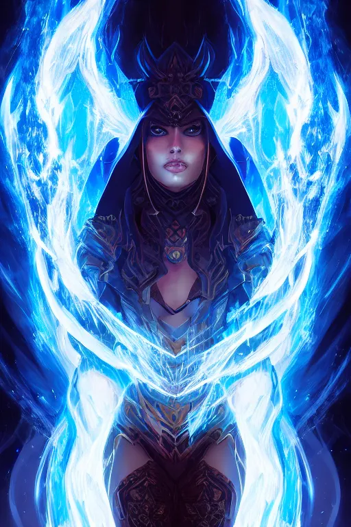 Image similar to a fancy portrait of a beautiful dark magician women covered in deep blue flames flames by Greg Rutkowski, Sung Choi, Mitchell Mohrhauser, Maciej Kuciara, Johnson Ting, Maxim Verehin, Peter Konig, final fantasy , mythical, 8k photorealistic, cinematic lighting, HD, high details, atmospheric,