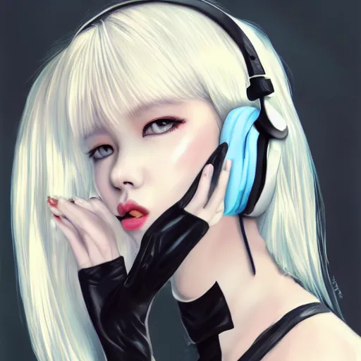 Image similar to realistic teasing detailed semirealism beautiful gorgeous cute Blackpink Lalisa Manoban white hair white cat ears blue eyes, wearing black camisole outfit, headphones, black leather choker full HD 4K high resolution quality WLOP, Aztodio, Taejune Kim, Guweiz, Pixiv, Instagram, Artstation