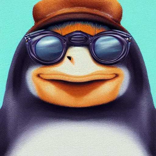 Prompt: beautiful digital art of a cute penguin sitting on a chair at night while wearing sunglasses, highly detailed, trending on artstation, digital art, 4k, illustration, smooth