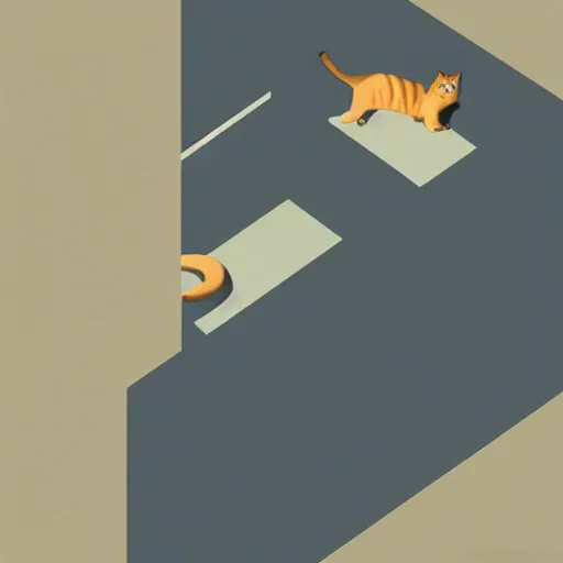 Image similar to a cat walking on the roof of a building, a minimalist painting by Emiliano Ponzi, behance, bauhaus, isometric, matte drawing, flat shading