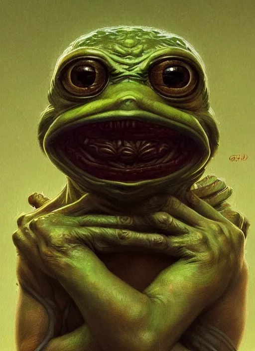 Image similar to 4 chan pepe, kek, sad, portrait, intricate, elegant, highly detailed, digital painting, artstation, concept art, wallpaper, smooth, sharp focus, illustration, art by h. r. giger and artgerm and greg rutkowski and alphonse mucha