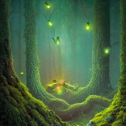 Prompt: a beautiful macro photography of moss with alien fungus and fireflies, hyper detailed, warm volumetric lights, made by gerald brom and mike winkelmann, photorealism.