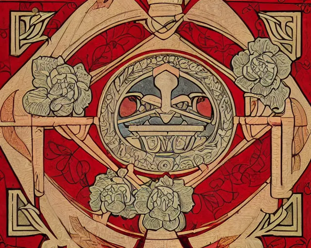 Image similar to symmetrical mural painting from the early 1 9 0 0 s in the style of art nouveau, red curtains, art nouveau design elements, art nouveau ornament, scrolls, flowers, flower petals, rose, opera house architectural elements, mucha, masonic symbols, masonic lodge, joseph maria olbrich, simple, iconic, masonic art, masterpiece