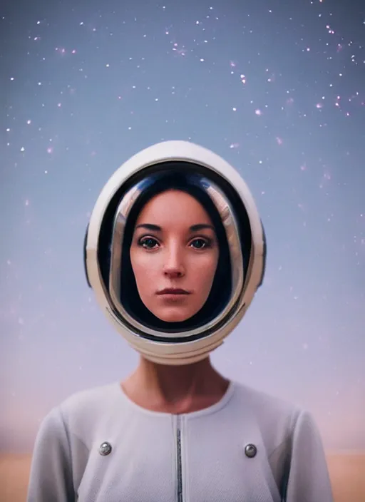 Prompt: photograph portrait of a very pretty!!! woman! symmetric face, petzval lens. out of focus, in an astronaut costume. futuristic helmet, space station. by alesio albi and george lucas and stanley kubrick
