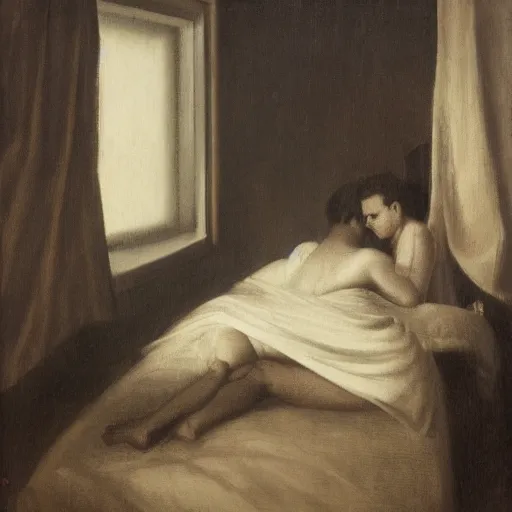 Image similar to a couple in bed next to a window, rainy Sunday, moody