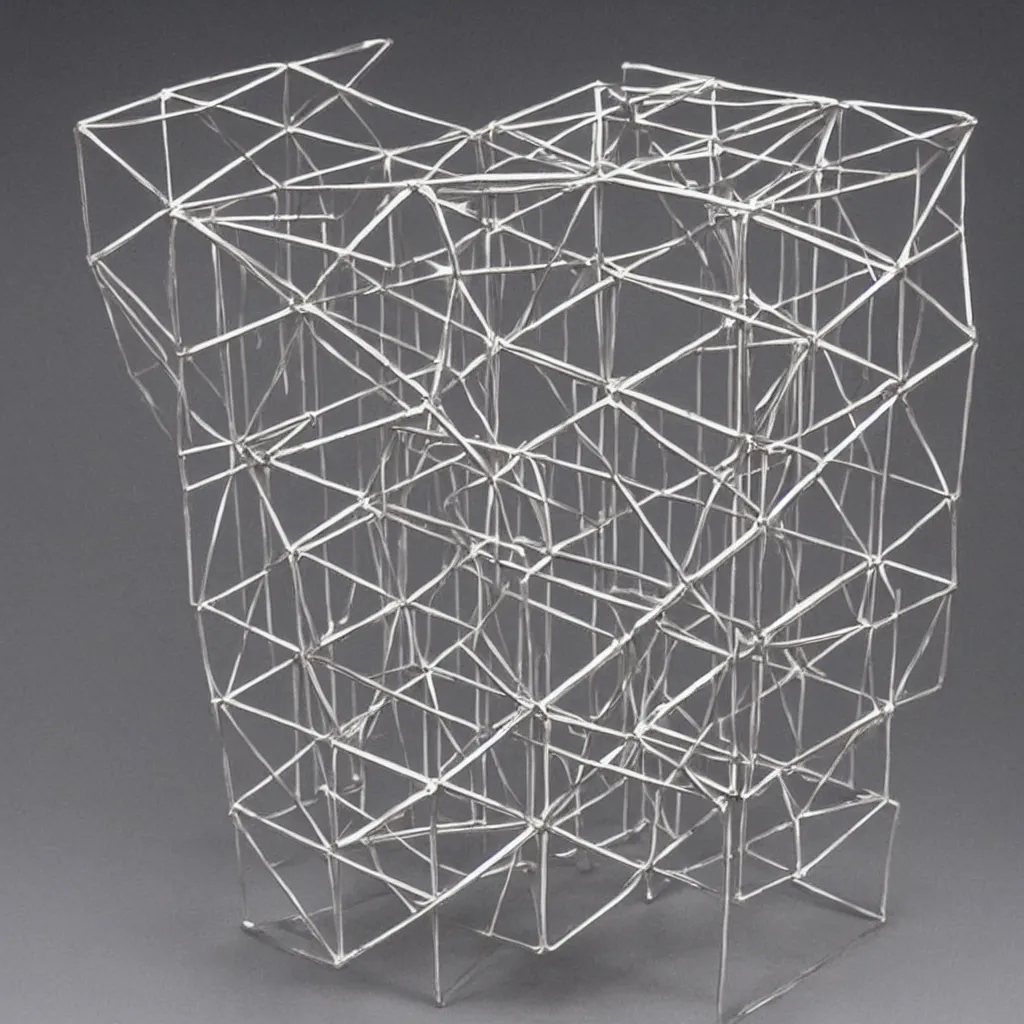 Prompt: a realistic metal sculpture of a hypercube, super detailed