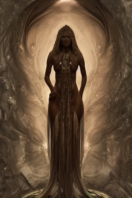 Image similar to a realistic moody photo of a beautiful ancient alien woman goddess kate moss durga standing in iris van herpen dress jewelery and fractals in style of alphonse mucha art nuvo dmt trending on artstation made in unreal engine 4