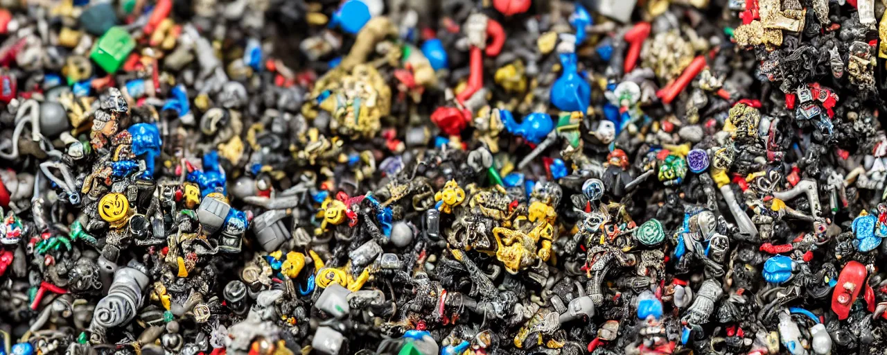 Prompt: a close up of a piece of plastiglomerate made from warhammer figures and vapes, photographic, highly detailed