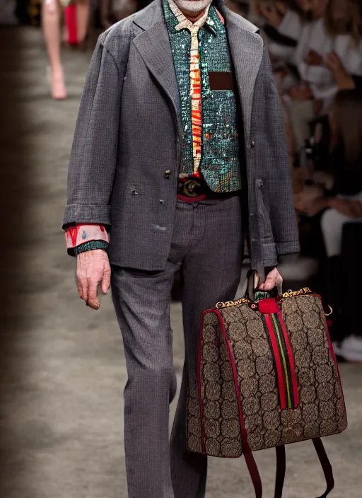 Image similar to hyperrealistic and heavy detailed gucci runway show of albert einstein, leica sl 2 5 0 mm, vivid color, high quality, high textured, real life