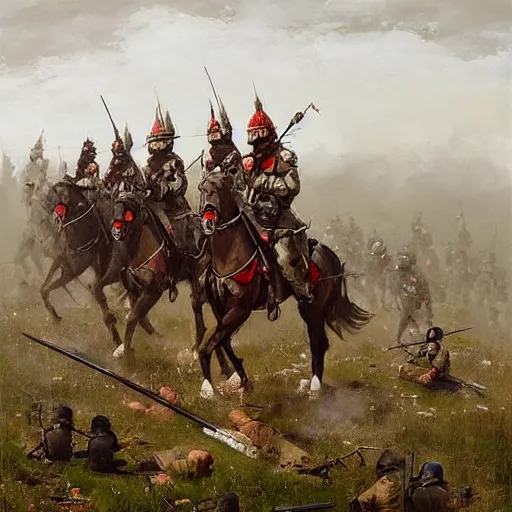 Image similar to two armies prepare for battle in the style of Jakub Rozalski