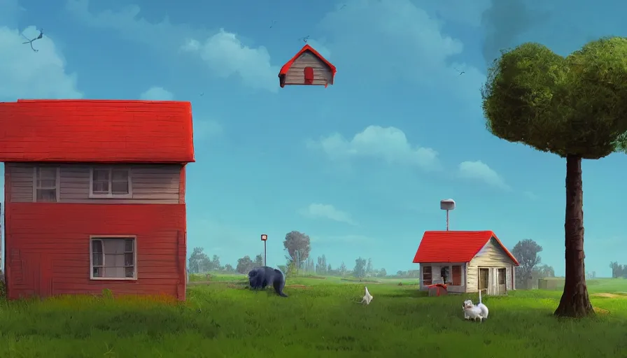 Prompt: cat next to the small house with red roof, big tree, matte painting, art station, blue sky, simon stalenhag