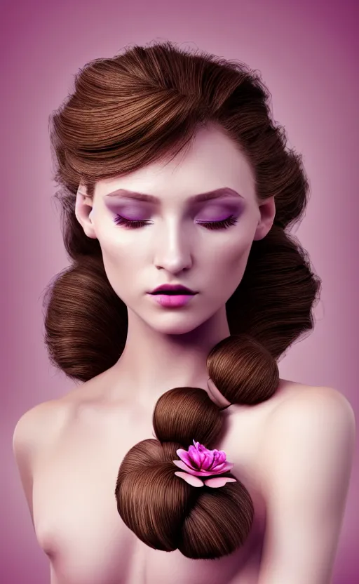 Prompt: complex 3 d render, ultra detailed, portrait of a beautiful porcelain skin woman, face, wavy hair worn tied back in a messy bun, flowers in hair brown eyeshadow, mauve lips, natural makeup, 1 0 0 mm lens, beautiful, studio portrait,