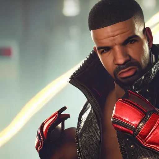 Image similar to a videogame still of Drake in Tekken 7, portrait, 40mm lens, shallow depth of field, close up, split lighting, cinematic