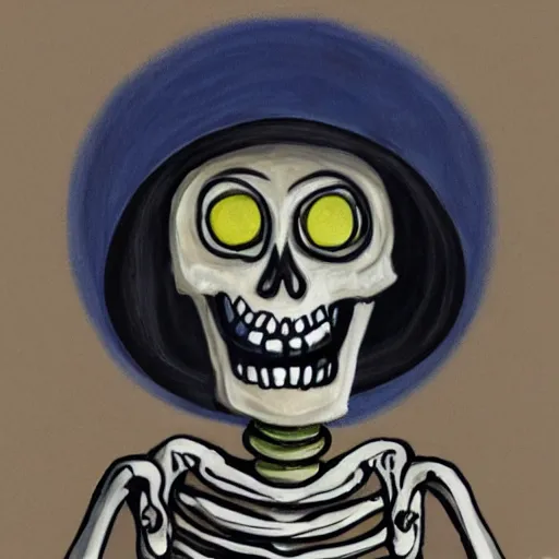 Image similar to winking smiling skeleton, painting