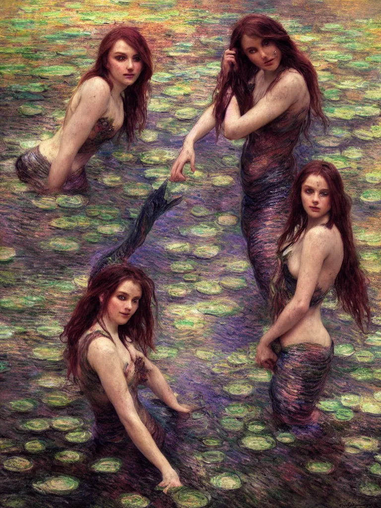 Image similar to illustration studio portrait of three dark beautiful mermaids female energy in artistic poses in the river at the forest, monet painterly motives and textures pattern, hyper detailed, octane render, vivid colors, artstation, by jeremy mann, by alphonse mucha, by monet