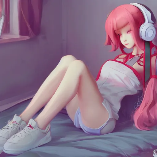 Image similar to lofi hiphop girl sitting in her room with headphones on by Wenqing Yan, WLOP, Zumidraws, OlchaS Logan cure, liang Xing ArtstationHD