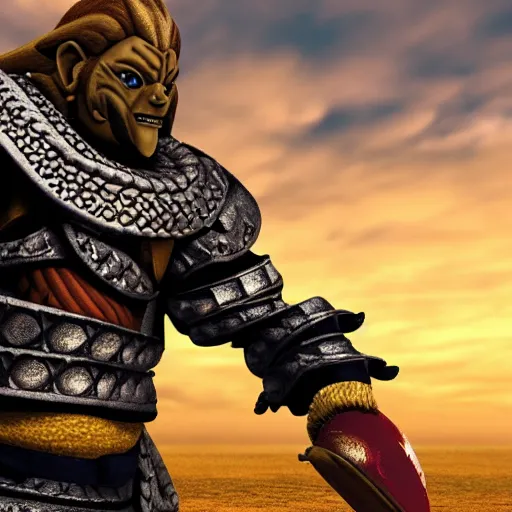 Prompt: photo of ganondorf in chainmail armor catching a baseball on flat plains with no vegetation during sunset, hd