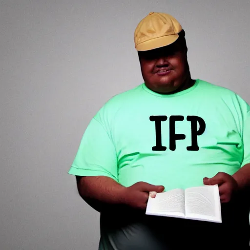 Image similar to very obese man with a t-shirt and a cap with the letter P, writing on a book