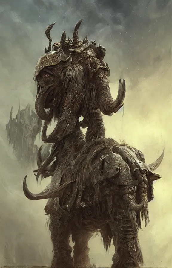 Image similar to war mammoth concept, wearing tribal armor, beksinski, adrian smith fantasy art, the hobbit art,, the witcher concept art, trending on artstation,