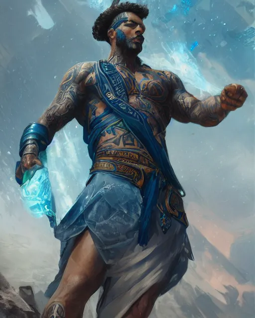 Prompt: a beautiful action portrait of an Atlantis prince, blue-fabric, tattoos, by Greg Rutkowski and Raymond Swanland, Trending on Artstation, ultra realistic digital art