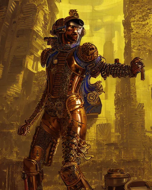 Image similar to a cyberpunk spanish conquistador wearing ornate armor in battle, art by nicola saviori, symmetric, handsome, golden ratio, jungle