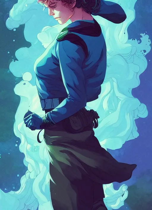 Image similar to style artgerm, joshua middleton, illustration, henry cavill as a homeless street urchin wearing green pelt clothing, blue hair, swirling water cosmos, fantasy, dnd, cinematic lighting