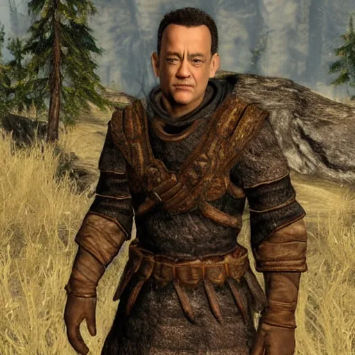 Prompt: screenshot of Tom Hanks in Skyrim