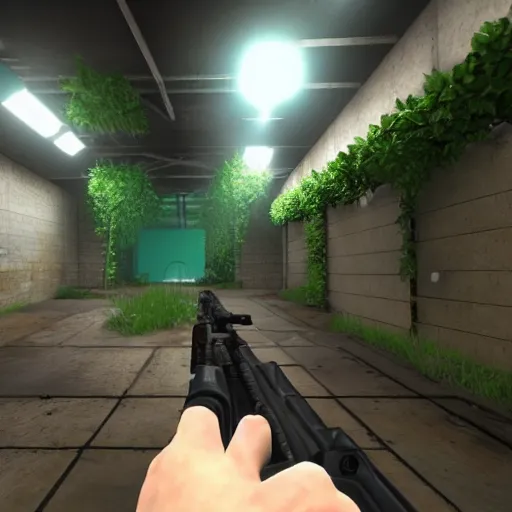 Prompt: screenshot of a first person shooter game, in an underground garden, shootout