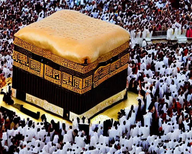 Image similar to The Kaaba inspired by a burger (Arabic: ٱلْكَعْبَة, romanized: al-Kaʿbah, lit. 'The Cube', Arabic pronunciation: [kaʕ.bah]), also spelled Ka'bah or Kabah, sometimes referred to as al-Kaʿbah al-Musharrafah (Arabic: ٱلْكَعْبَة ٱلْمُشَرَّفَة, romanized: al-Kaʿbah al-Musharrafah, lit. 'Honored Ka'bah'), is a building at the center of Islam's most important mosque, the Masjid al-Haram in Mecca, Saudi Arabia.[1][2] It is the most sacred site in Islam.[3] It is considered by Muslims to be the Bayt Allah (Arabic: بَيْت ٱللَّٰه, lit. 'House of God') and is the qibla (Arabic: قِبْلَة, direction of prayer) for Muslims around the world when performing salah.