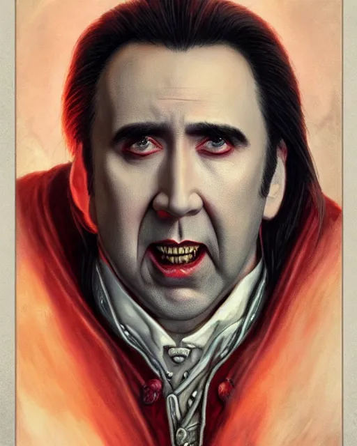 Prompt: nicolas cage as dracula, highly detailed, centered, artstation, concept art, smooth, sharp focus, illustration, bokeh art by artgerm and donato giancola and joseph christian leyendecker