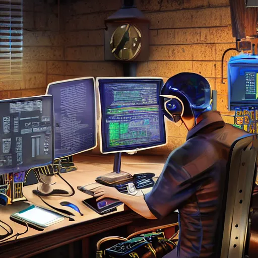 Image similar to computer programmer working in a steampunk office with lots of equipment & monitors, highly detailed, cyberpunk vivid background colors