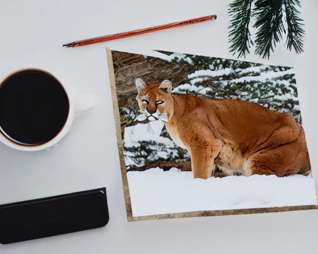 Image similar to ripped up postcard showing 'a cougar sleeping in the middle of snowy pine tree' laying on coffee table with stamp and damaged due to age, zoomed out shot, HD, iphone capture