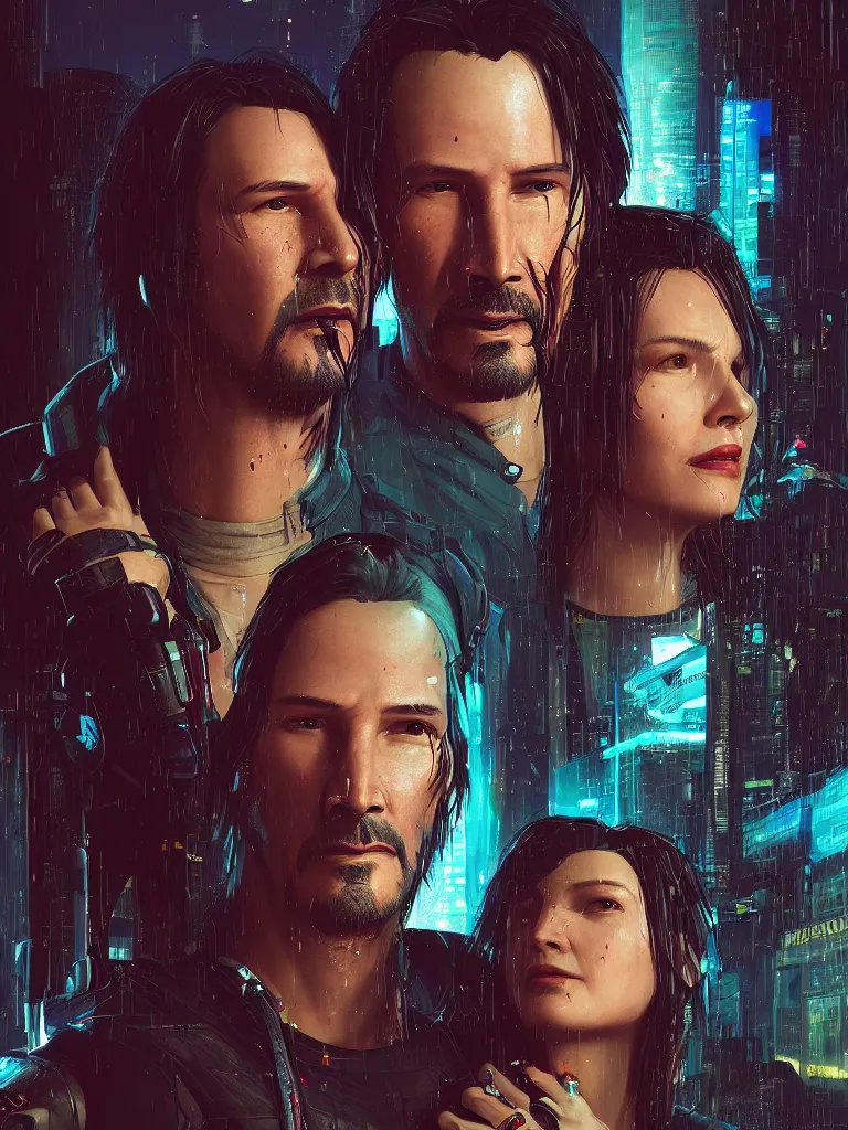 Prompt: a cyberpunk 2077 srcreenshot couple portrait of Keanu Reeves and a female android final kissed in night city,love,film lighting,by Lawrence Alma-Tadema,Andrei Riabovitchev,Laurie Greasley,Dan Mumford,John Wick,Speed,Replicas,artstation,deviantart,FAN ART,full of color,Digital painting,face enhance,highly detailed,8K,octane,golden ratio,cinematic lighting