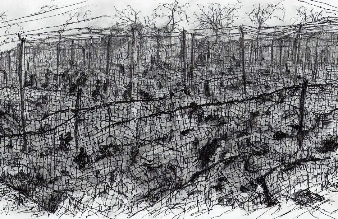 Image similar to milt kahl sketch of zombie apocalypse resistance camp with barbed wire fencing